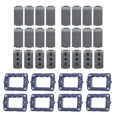 LivingLight Kit 8 Supporto LN4703 16 Copriforo 8 Prese Antracite Bivalente L4180