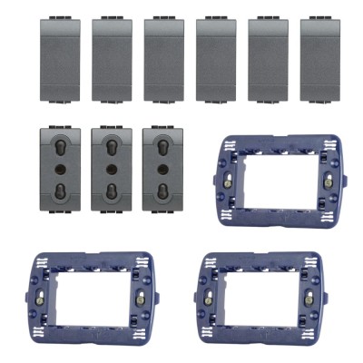 LivingLight Kit 3 Supporto LN4703 6 Copriforo 3 Prese Antracite Bivalente L4180