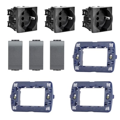 LivingLight 3 Supporto LN4703 3 Copriforo 3 Prese Unel Shuko Antracite L4140/16