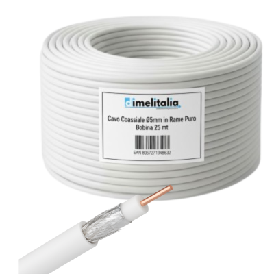 Bobina Cavo Tv Ø5 Mm in Rame Puro 75 Ohm da 25 Metri per Interni Protetti