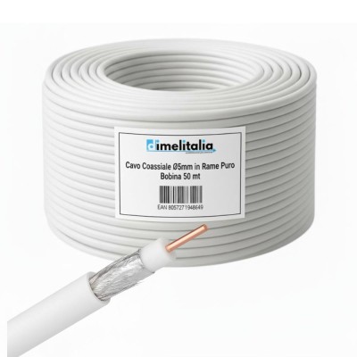 Cavo Tv Ø5 Mm in Rame Puro 75 Ohm Bobina da 50 Metri per Interni Schermati