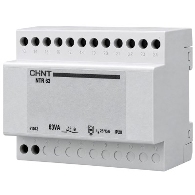 Chint 81043 Serie NTR63 Trasformatore Sicurezza Servizio Continuo 63VA 230/12-24Vac 4M con Protezione PCT 6 Moduli DIN