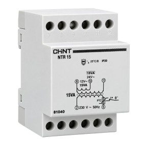 Chint NTR15 Trasformatore Sicurezza Servizio Continuo 15VA 230/12-24Vac 3M IEC/EN 61588-1/2/6 50 Hz IP20 3 Moduli DIN