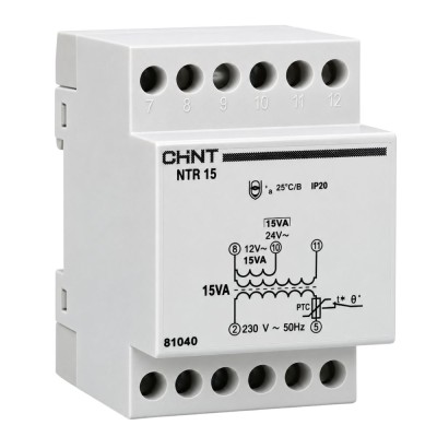 Chint NTR15 Trasformatore Sicurezza Servizio Continuo 15VA 230/12-24Vac 3M IEC/EN 61588-1/2/6 50 Hz IP20 3 Moduli DIN