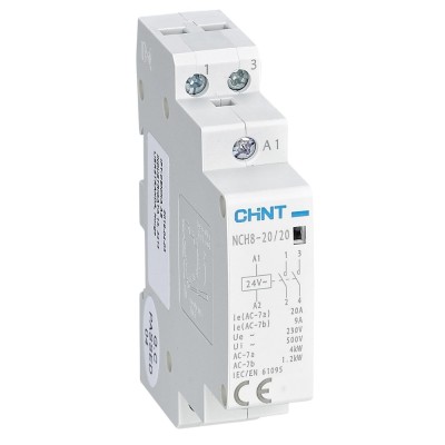 Chint NCH8-20.20/24 Contattore Modulare 20A 2NA 24Vac 1M 50/60 Hz 2 P1 Modulo DIN IP20 Contatti Ausiliari 2NA 230 Vac
