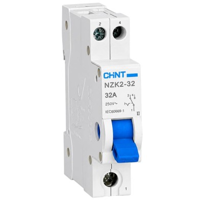 Chint NZK2-32/1 643002 Commutatore Unipolare 1-2 1M 32A 230Vac IEC/EN 60669-1 1P NA-C-NC Moduli DIN 1 Posizioni 1-2 IP20