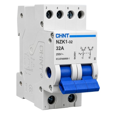 Chint 643001 NZK1-32/2 Commutatore Bipolare 1-0-2 2M 32A 230Vac IEC/EN 60669-1 50/60Hz IP20 Posizioni 1-0-2 Moduli DIN 2